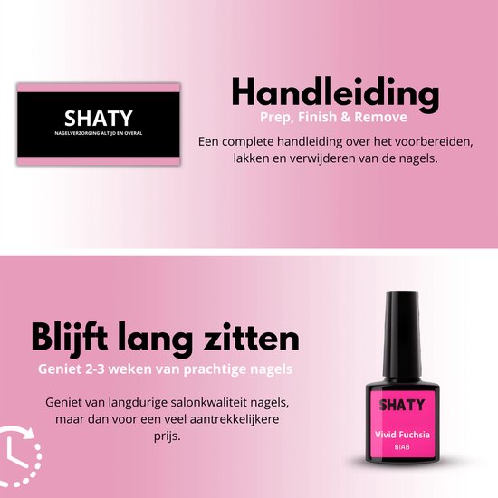 SHATY BIAB nagellak flesje in de kleur Vivid Fuchsia. Tekst over de handleiding en lange houdbaarheid.
