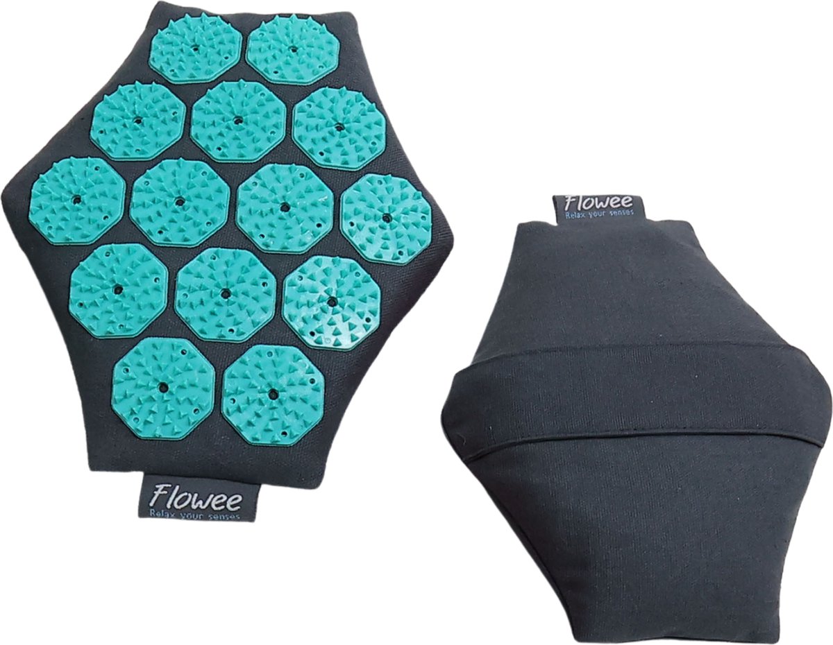 Goedkoopste Flowee Spijkermat Massagehand - Grijs met Zeegroen - Acupressuur Mat - Spijkerbed - Acupunctuur - Shakti Massage - Drukpunt massage