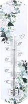 Alma Garden Binnen/buiten thermometer met lentebloemen print - wit - metaal - 29 x 6.5 cm