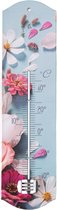 Alma Garden Binnen/buiten thermometer met lentebloemen print - blauw/roze - metaal - 29 x 6.5 cm