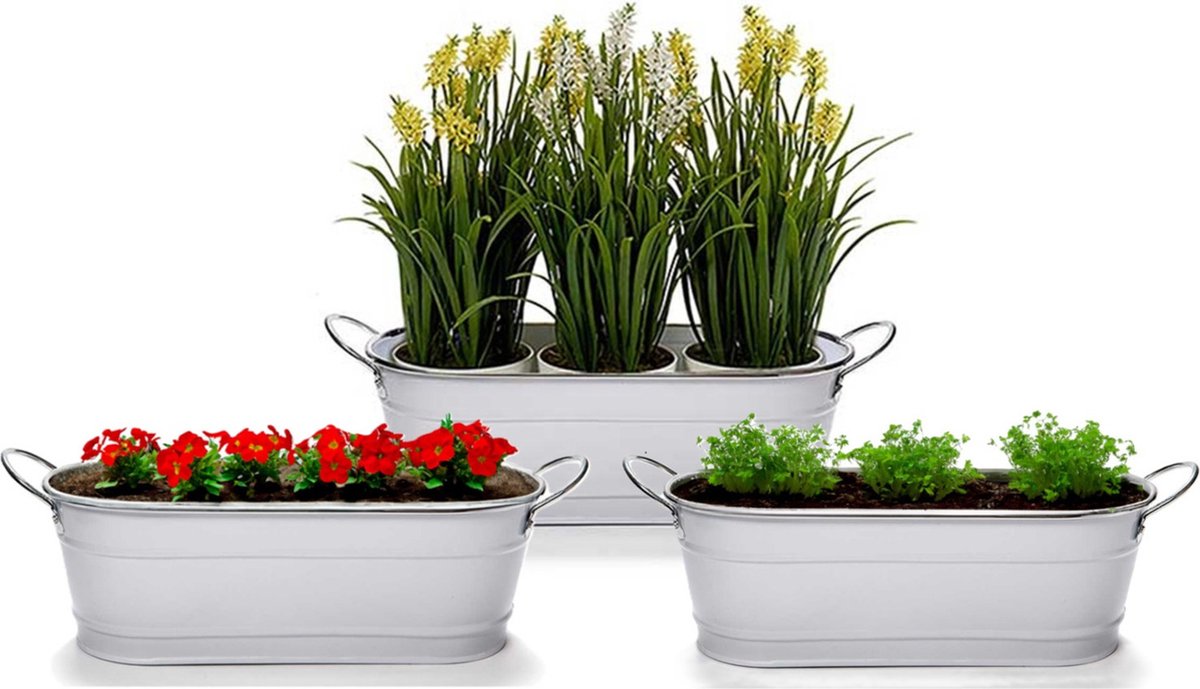 Arte r Plantenpot/bloempot teil- 3x - zink - wit - L32,5 x D10,5 x H11 cm