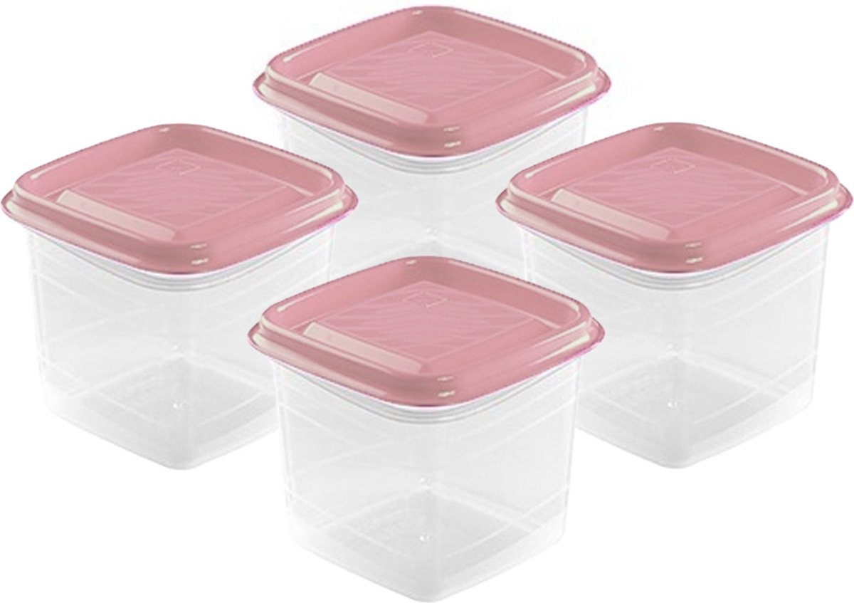Hega Hogar Vershoudbakjes - set 4x stuks - 0.7 liter - transparant/roze - L11 x B11 x H12 cm - Mealprep - Maaltijden bewaren