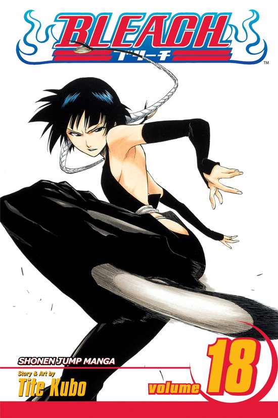Couverture du manga Bleach Volume 18 avec une femme aux cheveux noirs dans une tenue noire.