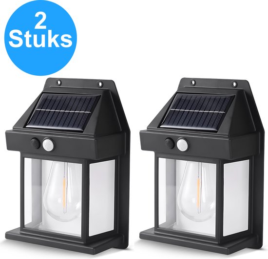 2 Stuks Voordeelverpakking - Tuinverlichting op zonne energie - Buitenlamp - Wandlamp - Met Bewegingssensor - 3 Lichtstanden - Waterbestendig tegen slecht weer - Draadloos - Tuinverlichting op zonneenergie - Solar tuinverlichting - Zwart