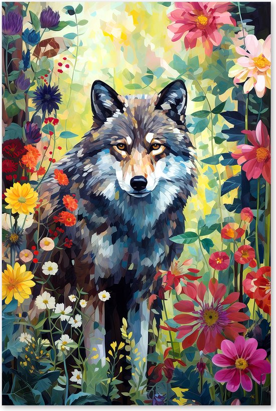 Graphic Message - Schilderij op Canvas - Wolf - Bloemen - Veluwe - Woonkamer Kunst