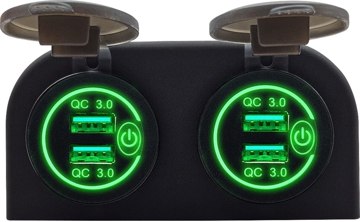 ProRide® 12V USB Stopcontact 2 Poorten met Schakelaar - Tweevoudig Opbouw - QC3.0 - PUSB1QC-G - USB Autolader, Boot en Camper - Groen