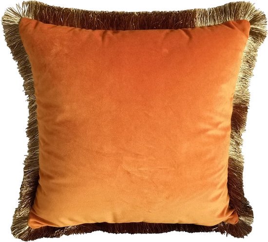 Viv! Home Luxuries Sierkussen - Velours met Franje - inclusief vulling - oranje met goud - 45x45cm