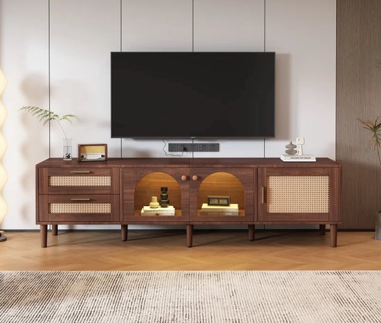 Bruine TV-kast met LED-verlichting, biedt stijlvolle opslag, TV-meubel, TV-kast, Retro, Hout