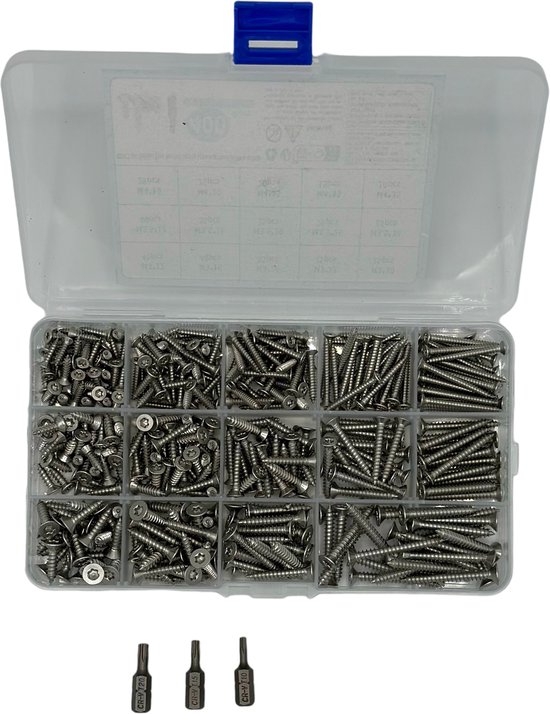 MGM Trading Roestvrijstalen Schroeven Assortimentset - 400 stuks met Verzonken Kop en Boorpunt - M3/M3,5/M4 - 12-35 mm - Torx Kop.