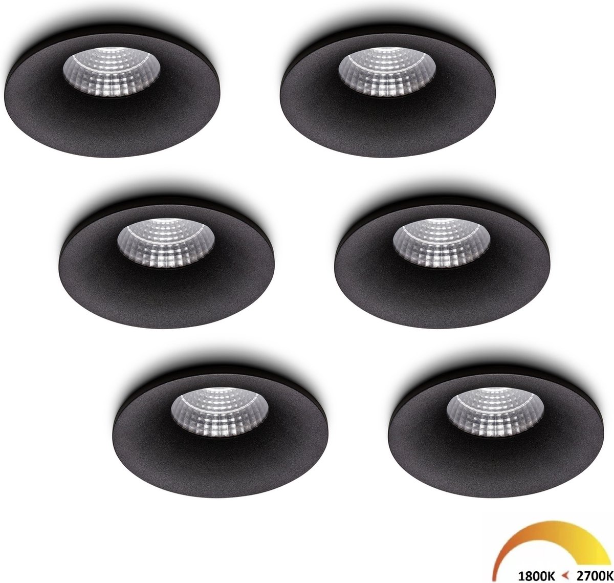 Ledisons LED inbouwspot Villa set 6 stuks zwart dimbaar Ø85 mm 5 jaar garantie Dim-to-warm 450 lumen 5 Watt IP54