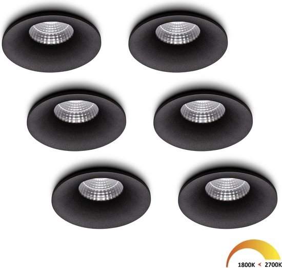 Ledisons LED-inbouwspot Villa set 6 stuks zwart dimbaar - Ø85 mm - 5 jaar garantie - Dim-to-warm - 450 lumen - 5 Watt - IP54