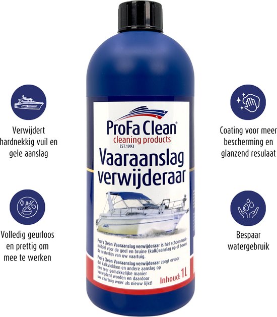 Blauwe fles ProFa Clean Vaaraanslag verwijderaar met 4 iconen.