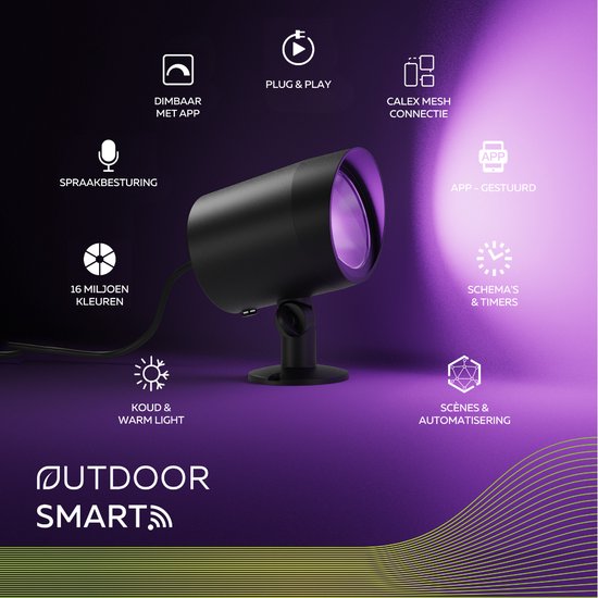 Calex Smart Outdoor LED XL Grondspot - Slimme Tuinverlichting Waterdicht - Prikspot - RGB en Warm Wit Licht - Tuinspot 9W - Zwart