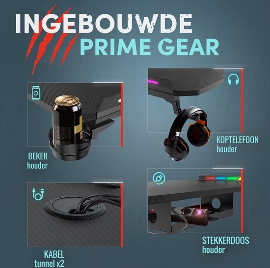 Details van een game bureau: bekerhouder, koptelefoonhouder, kabel tunnel en stekkerdooshouder.