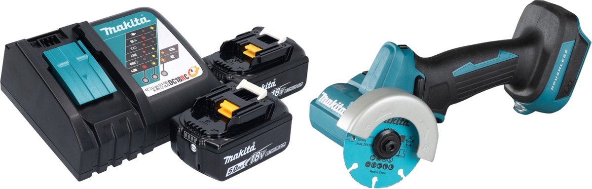 Makita DMC 300 RT accu haakse slijper 18 V 76 mm borstelloos + 2x accu 5.0 Ah + lader