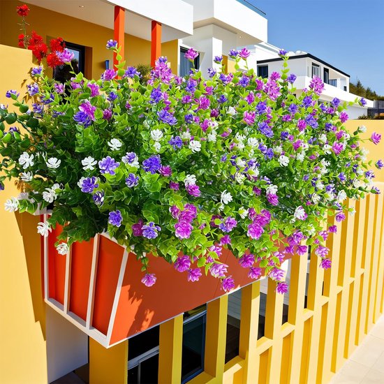 SOMYTING Kunstbloemen, 8 stuks, kunstbloemen, eucalyptus, decoratie, uv- bestendige planten, struiken, plastic boeket, tuindecoratie voor huis, balkon, vensterbank, bruiloft, decoratie, wit