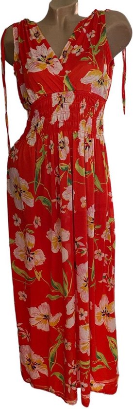 Dames maxi jurk met bloemenprint S/M (36-40) Rood/roze/geel/groen