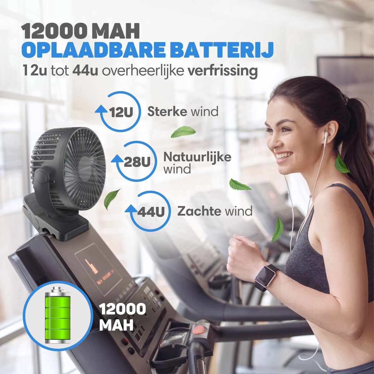 Vulpes Goods® Tech - Mini USB Ventilator PRO - Oplaadbare Tafelventilator - Stille Mini Fan met Afstandsbediening - Handventilator - Klein, Stil & Geruisloos - 3 Snelheden & Verlichting - 12000 mAh & Powerbank functie - Premium Zwart — afbeelding 3