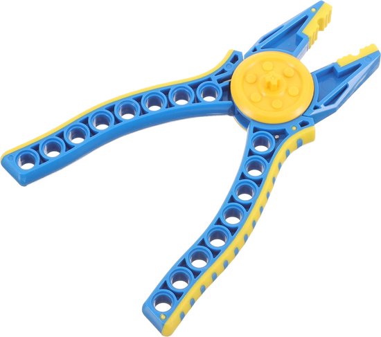 Een blauw-gele tang met gele grijppunten, geopend op een witte achtergrond.
