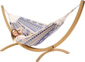 Luxe Hangmat Ibiza Beach Club met houten standaard 350 - Ecru, Paars - 100% Biologisch Katoen - 350 x 160 cm - Luilak - 350 x 160 cm - Luilak