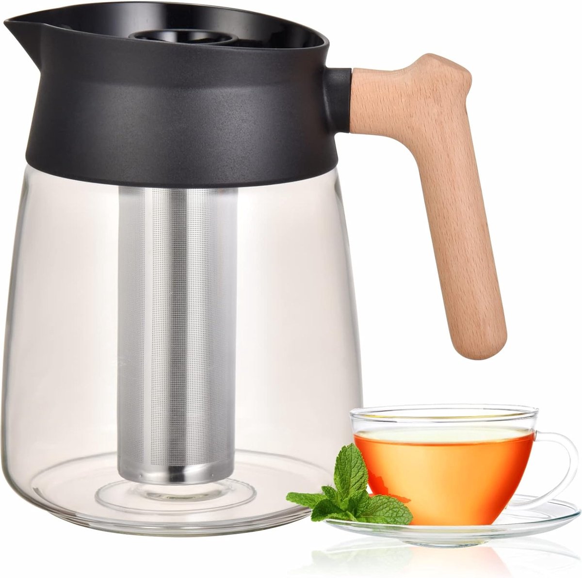 Luxiba - Glazen Theepot met Houten Handvat - 1.7L Capaciteit - Cold Brew Koffiekan