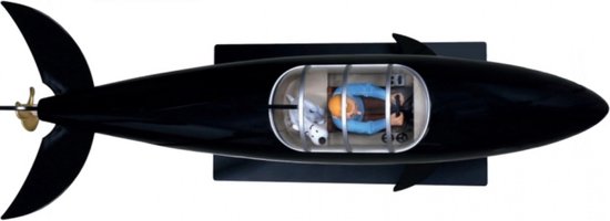 Zwarte haai duikboot met Kapitein Haddock in de cockpit. Op een zwarte standaard.