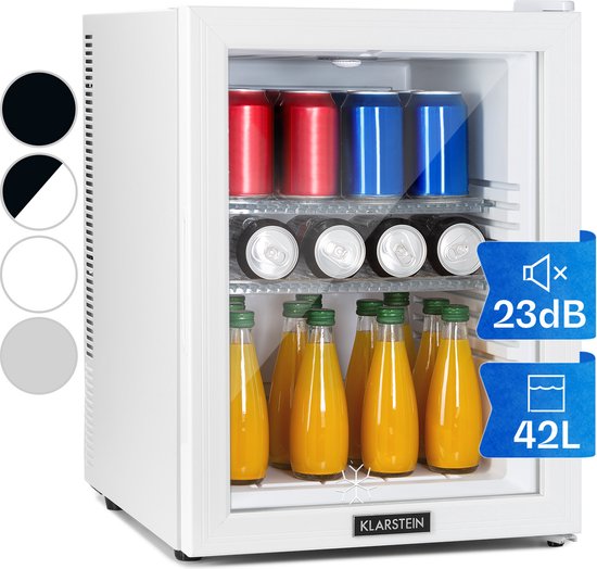 Foto: Klarstein brooklyn 42 minibar mini koelkast compact vrijstaand thermo elektrisch koelsysteem 42 liter inhoud koeling 12 18 c auto defrost energie effici ntieklasse f 23 db led licht glazen panoramadeur wit