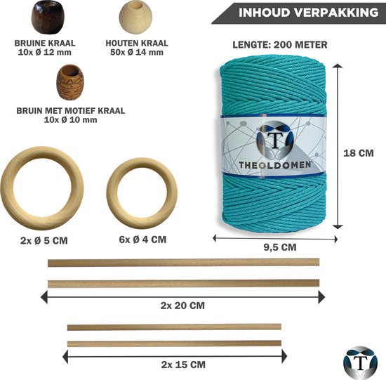 Macramé Pakket | 200 METER | Incl. Handleiding | Teal | Starter Set | Ringen | Kralen |Stokken | Macramé Touw | 3mm | 100% Katoen | Macramé | Decoratie | DIY | Doe Het Zelf | Wandkleed | Dromenvanger | Plantenhanger | Tassen | TheOldOmen |