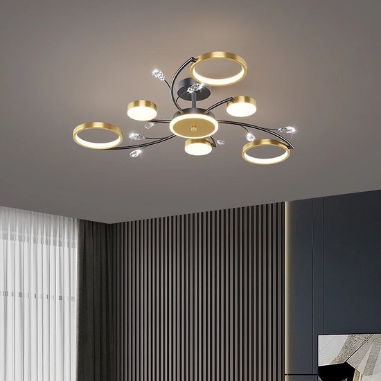 LuxiLamps - 6 Ringen Plafondlamp - Moderne LED Kroonluchter - Goud/Zwart - Dimbaar Met Afstandsbediening - 85 cm