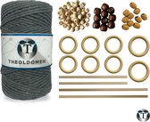 Macramé Pakket | 200 meter | Incl. Handleiding | Donkergrijs | Starter Set | Ringen | Kralen |Stokken | Macramé Touw | 3mm | 100% Katoen | Macramé | Decoratie | DIY | Doe Het Zelf | Wandkleed | Dromenvanger | Plantenhanger | Tassen | TheOldOmen |