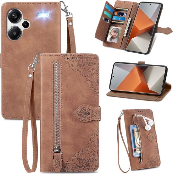 Convient pour Xiaomi Redmi Note 13 Pro Plus 5G - Étui portefeuille avec fermeture éclair - Étui à rabat pour cartes - Book Case Case - Marron