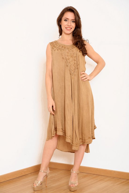 Lange dames jurk Pepita effen brons bruin mouwloos strandjurk beachwear bohemian ibiza style XL/XXL