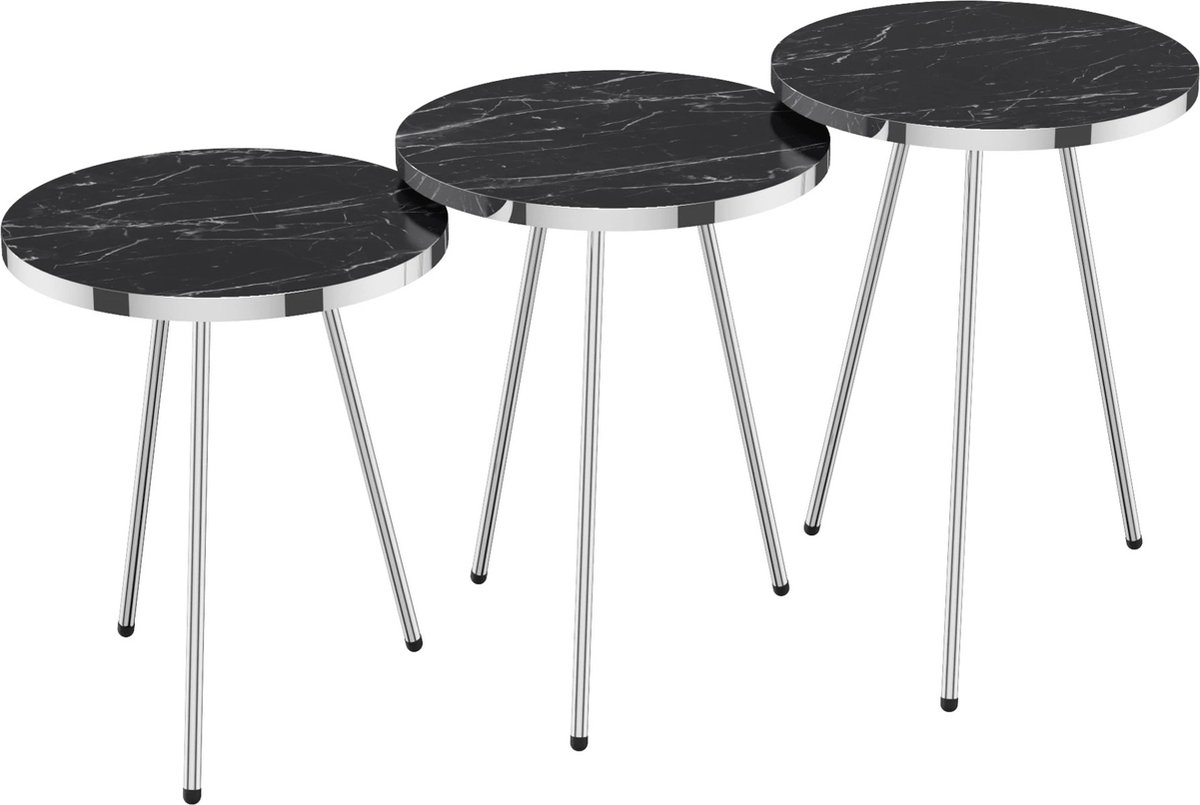 In And OutdoorMatch Bijzettafel Perry - Set van 3 - Rond - Marmer Zwart en Zilver - Spaanplaat en Metaal - Stijlvol Design