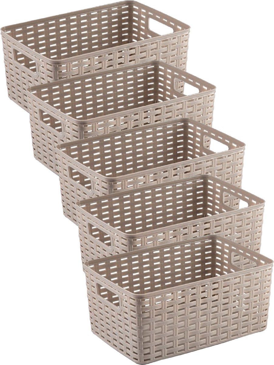 Plasticforte Opbergmand - 5x - Kastmand - rotan kunststof - taupe - 6 Liter - 19 x 29 x 13 cm