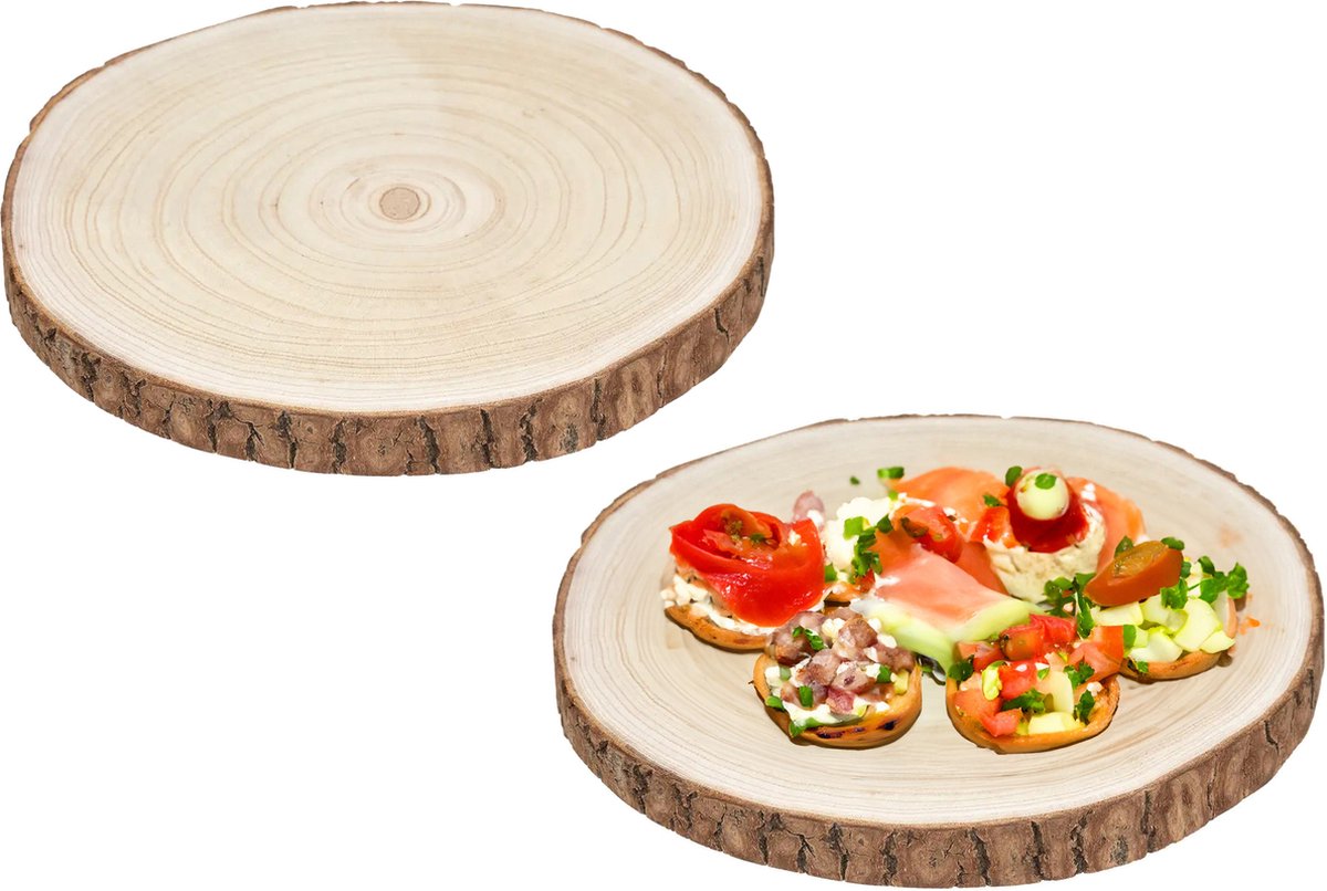 5Five Voedsel/hapjes serveer plank/boomschijf met schors - 2x - D28 cm - rond