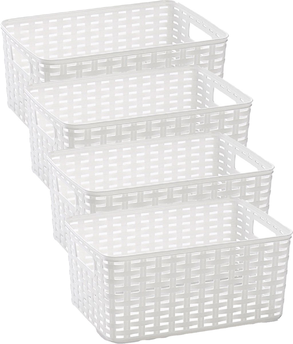 Plasticforte Opbergmand - 4x - Kastmand - rotan kunststof - wit - 10 Liter - 22 x 33 x 16 cm