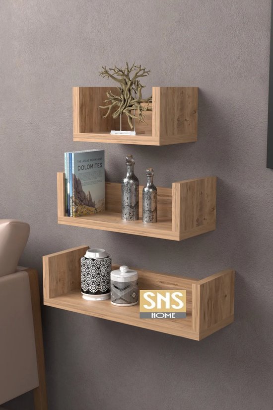 Zwevende plank, staande plank, wandplank met 3 niveaus in elegante stijl, aan de muur