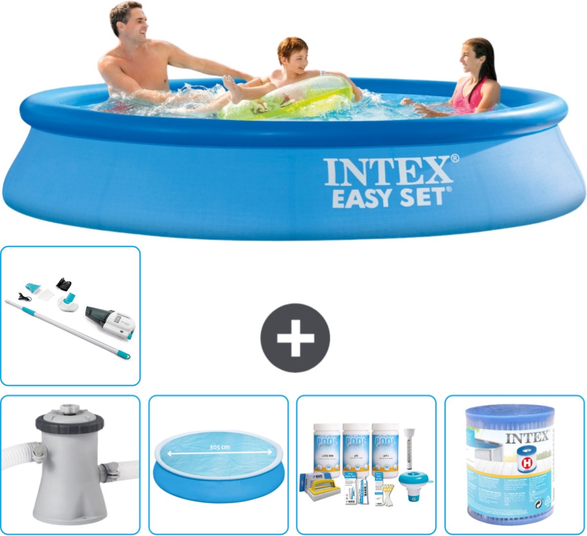 Intex Rond Opblaasbaar Easy Set Zwembad - 305 x 61 cm - Blauw - Inclusief Pomp - Solarzeil - Onderhoudspakket - Filter - Stofzuiger - Vloertegels - 7-delig