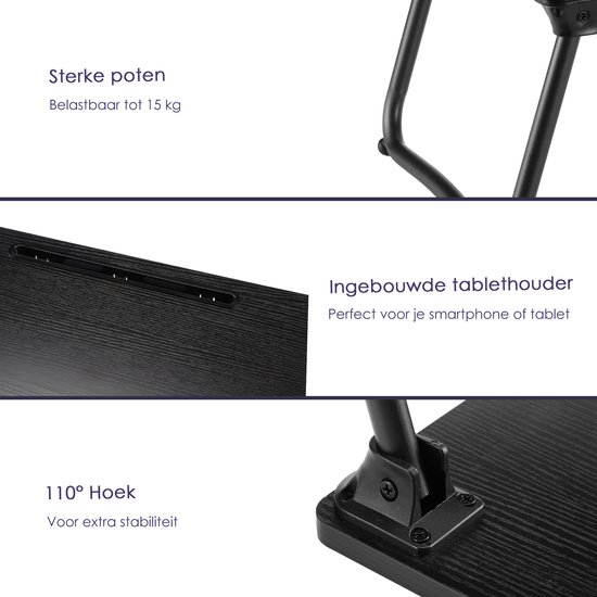 Zwart bedtafeltje met opgevouwen poten, met duidelijke details van de constructie.