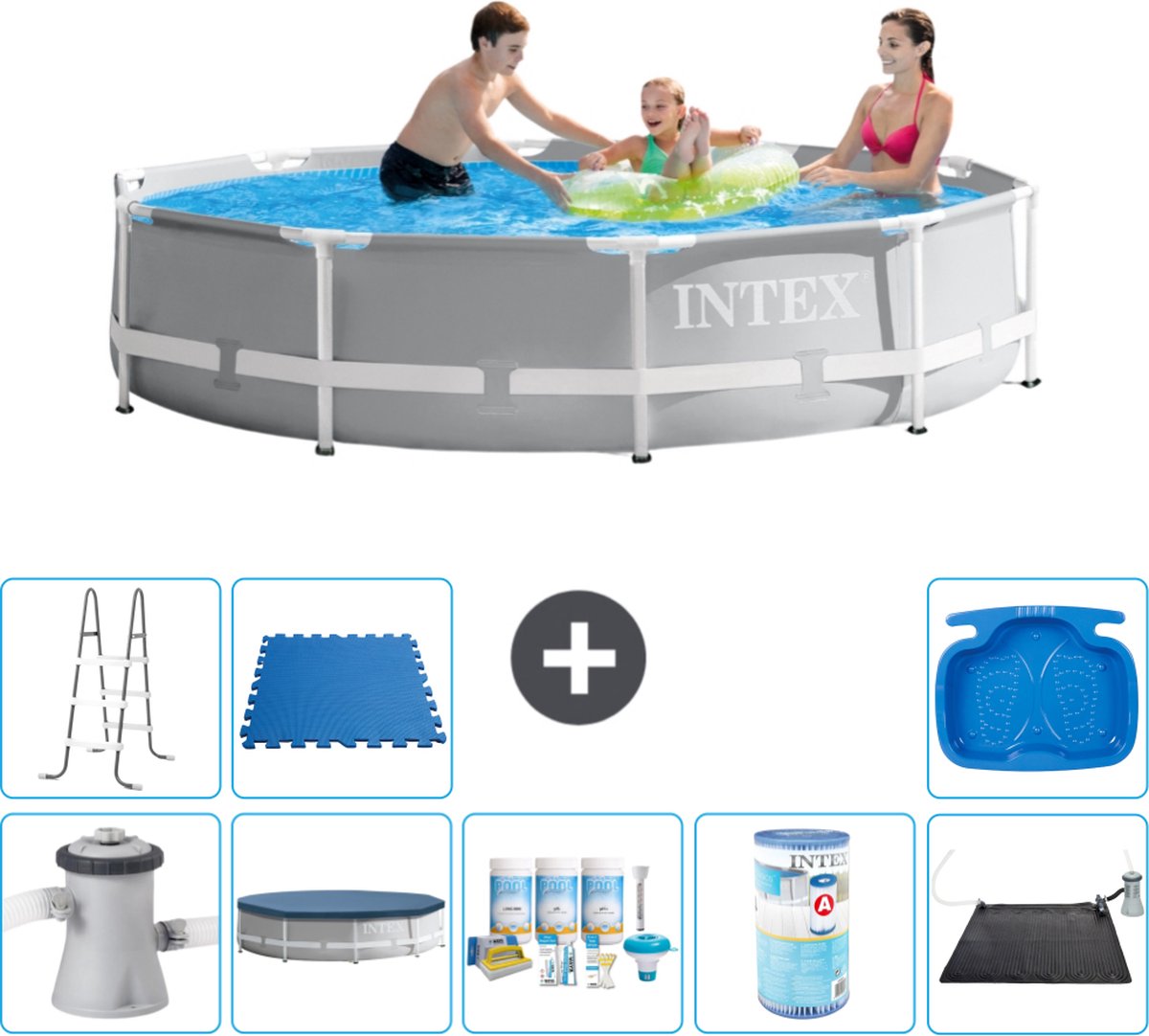 Intex Rond Prism Frame Zwembad – 305 x 76 cm – Grijs – Inclusief Pomp Afdekzeil – Onderhoudspakket – Filter – Solar Mat – Ladder – Voetenbad – Vloertegels