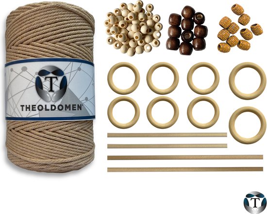 Macramé Pakket | 200 METER | Incl. Handleiding | Lichtbruin | Starter Set | Ringen | Kralen |Stokken | Macramé Touw | 3mm | 100% Katoen | Macramé | Decoratie | DIY | Doe Het Zelf | Wandkleed | Dromenvanger | Plantenhanger | Tassen | TheOldOmen |