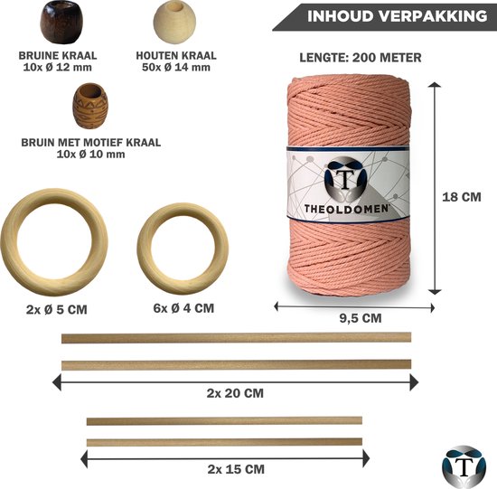 Macramé Pakket | 200 METER | Incl. Handleiding | Zalmroze | Starter Set | Ringen | Kralen |Stokken | Macramé Touw | 3mm | 100% Katoen | Macramé | Decoratie | DIY | Doe Het Zelf | Wandkleed | Dromenvanger | Plantenhanger | Tassen | TheOldOmen |