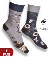 More Fashion - Katoenen Dames Sokken - 2-Pack - Maat 39 40 41 42 - Leuk Asymmetrisch Print - Kleurrijk - Coffee Koffie - MADE IN EU