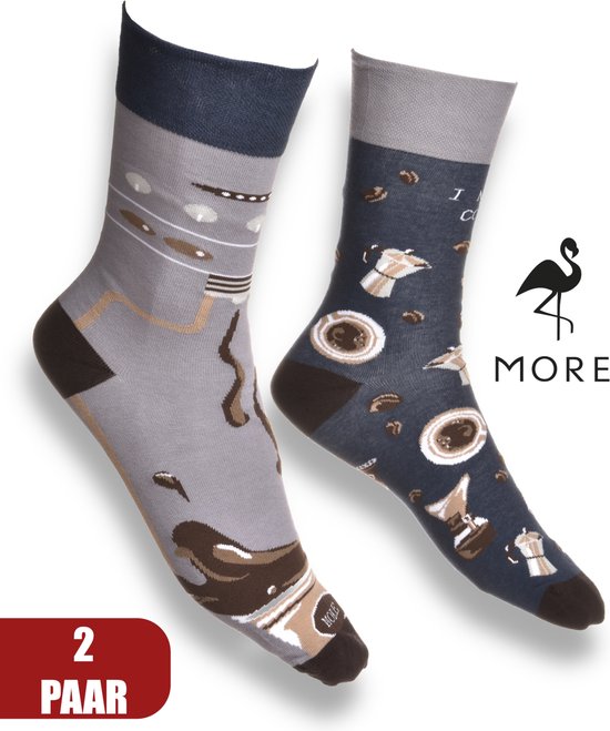 More Fashion - Katoenen Dames Sokken - 2-Pack - Maat 39 40 41 42 - Leuk Asymmetrisch Print - Kleurrijk - Coffee Koffie - MADE IN EU