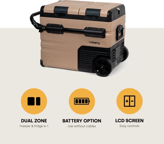 Steamy-E Dual Zone Roller Elektrische Compressor Koelbox Op Wielen - Dual Zone - 45 liter - 12V en 230V - voor auto en camping - Sandstone van Steamy — afbeelding 3