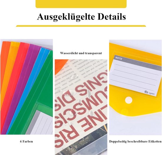 A4 Kunststof Portemonnees – 24 Stuks, 8 Helder Kleuren – Waterdicht, Scheurvast – Voor School, Kantoor & Reizen