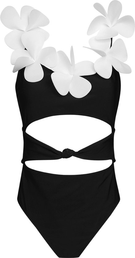 Badpak Met Witte Bloemen - Zwart maat XL