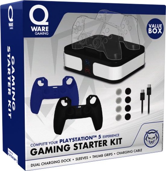 Qware Gaming – PS5 Bundel – Fast – Charger – Oplader – Silicone Grips – Laadkabel – Thumbgrips – Starterkit – Charging station – Charger – Dual Controller – LED Indicatie – Dual Charging – Docking station – PS5