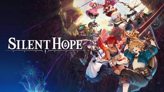 Een groep van zeven kleurrijke anime-personages zweeft in de lucht tegen een achtergrond van een berglandschap en ruïnes. De titel 'Silent Hope' staat prominent in de linkerbenedenhoek.