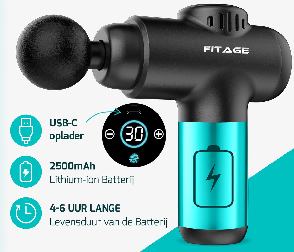 Afbeelding 3 van FITAGE Massage Gun Mini - 12 Opzetstukken - Professioneel Massage Apparaat - Massage Pistool 30 Standen - Massageapparaat - Massagegun